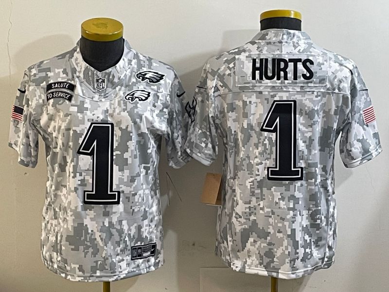 Women Philadelphia Eagles #1 Hurts Camo Nike 2025 Salute to Service Limited NFL Jersey style 4